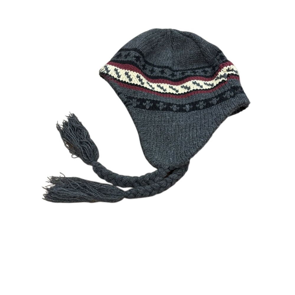 G.H. Bass Earflap‎ Beanie Lined Tassels Grey White Black Burgundy Winter Ski